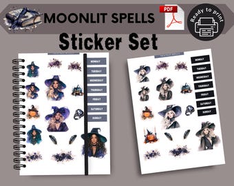 Moonlit Spells Sticker Sheet, Digital Planner for Happy Planner, Journal, Halloween theme