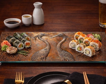 Servierbrett aus Glas mit Kranich Design - Moderne Charcuterie Platte