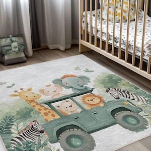 Jungle Safari Jeep Kinderteppich - Süßer Tierteppich für Babyzimmer - Elefant, Löwe, Giraffe, Zebraspielteppich für Kinder