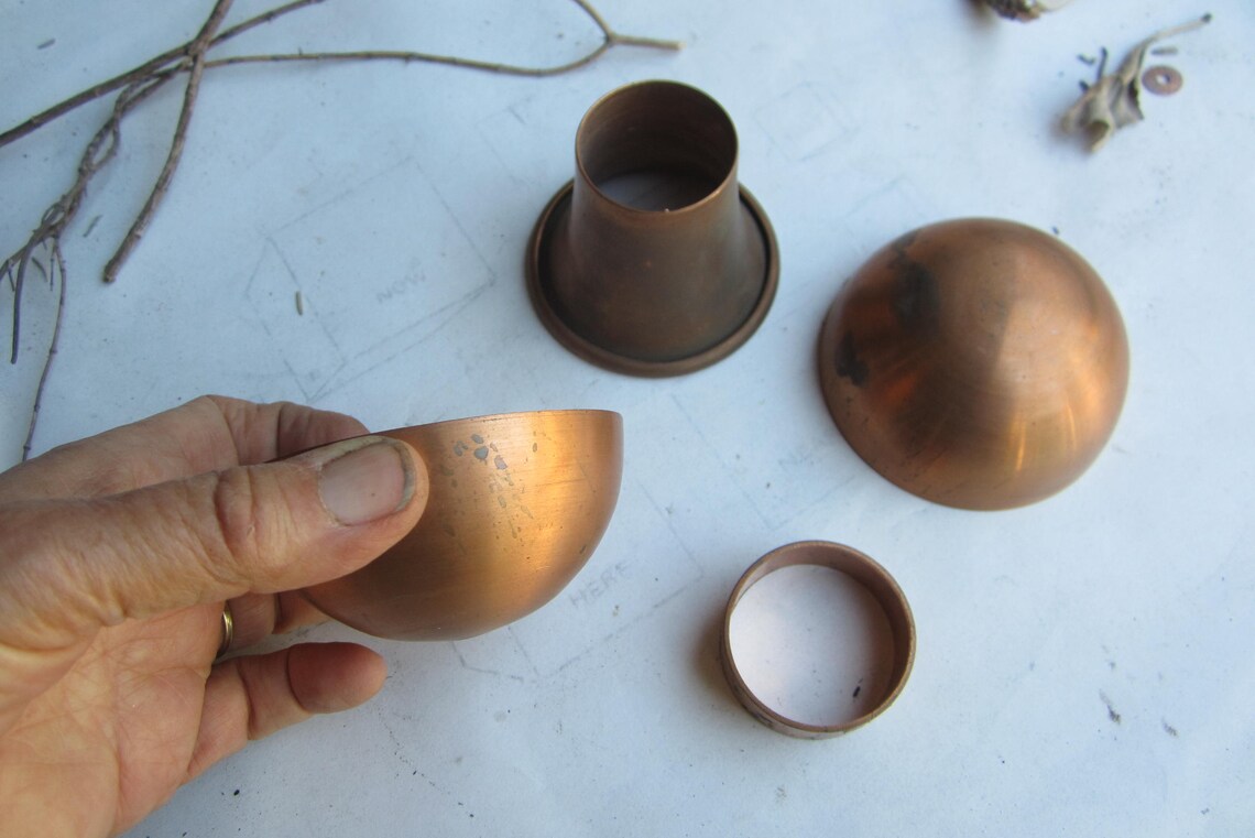 Spun copper hemispheres NYC apartment loft mantle art objects Etsy