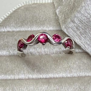 Vintage Ruby Sterling Silver Ring Size 6.5, Five Stone Wave Band, Dainty Red Gemstone Ring