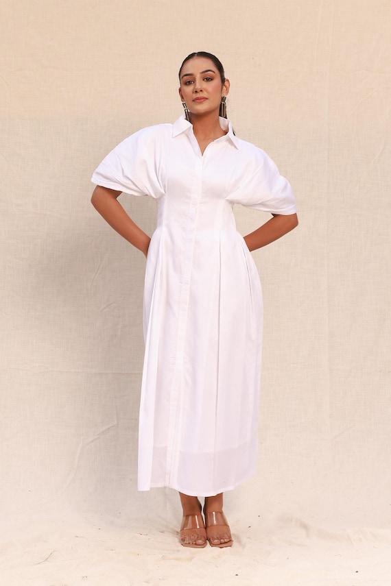 cotton semi formal dress Sapphire Round Neck Waist Cotton Dress, Blue / L