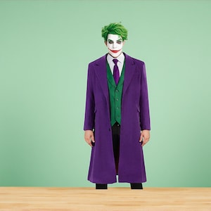 Joker Cosplay Overcoat, Men&#39;s Heath Ledger Long Trench Coat, Handmade Joker Purple Coat, Cosplay Gothic Coat for Halloween Party Gifts