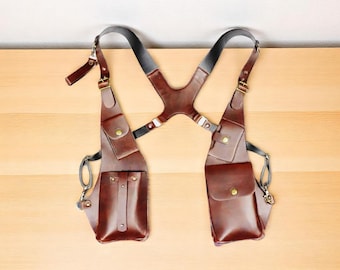 Men Shoulder Harness Bag Double Phone Wallet Case Festival Bag Holster Viking Underarm Purse Holster Steampunk Vintage Leather Burning