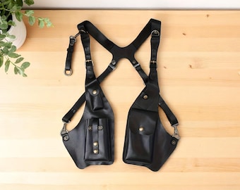 Handmade Shoulder Harness Bag Double Phone Wallet Case Festival Bag Holster Viking Underarm Purse Holster Steampunk Vintage Leather Burning