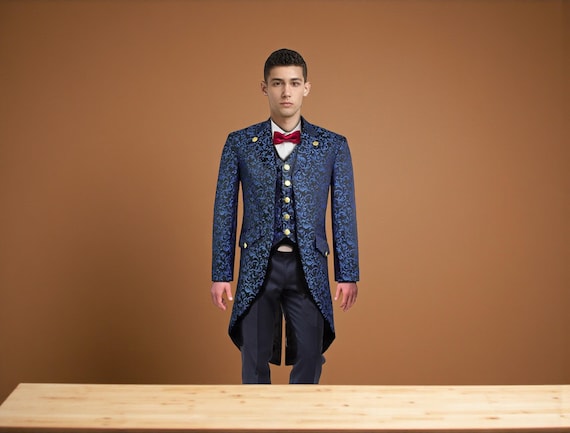 blue black dress husband Black Brocade Steampunk Tailcoat for Men, Handmade Vintage Parade Jacket,  Gothic Victorian Wedding Coat, Historical Mens Coat, Husband Gifts
