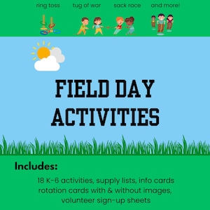 Paquete de Día de Campo para K-6: Actividades, Tarjetas de Estación, Rotaciones, Hojas de Voluntariado / Kit de Día de Campo Imprimible