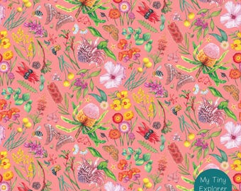 May include: A pink background with a repeating pattern of watercolor illustrations of flowers, leaves, and insects. The flowers are in shades of pink, red, yellow, and orange. The insects are bees and butterflies. The text "My Tiny Explorer" is in the bottom right corner of the image.