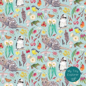 May include: A seamless pattern featuring a variety of Australian wildlife and flora, including a quoll, kookaburra, and eucalyptus leaves. The background is a light blue colour, and the pattern is perfect for fabric, wallpaper, or wrapping paper.