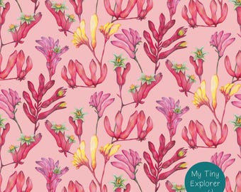 May include: A seamless pattern featuring pink, yellow, and green watercolor flowers on a light pink background. The pattern is titled "My Tiny Explorer".