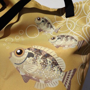 May include: A mustard yellow tote bag featuring a repeating pattern of cartoon fish and bubbles. The fish have brown and tan speckled bodies with large, expressive eyes. Black handles are visible at the top of the bag.