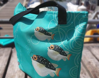 Puffer Fish Tote Bag – Turquoise Novelty Print, Angler Gift