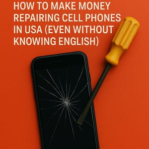 Puede incluir: Un fondo naranja con el texto "START TODAY" e instrucciones sobre la reparación de teléfonos móviles en EE. UU. Un teléfono inteligente negro con la pantalla agrietada y un destornillador amarillo y negro también están en la imagen.