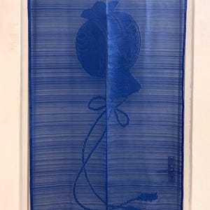 May include: A rectangular blue noren curtain featuring a split design with horizontal lines and a central circular motif with a trailing ribbon pattern. The fabric is semi-sheer and hangs from a rod, covering a doorway with a visible door handle.