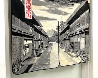 Noren con escena callejera de Hida Takayama: cortina japonesa de algodón dividido