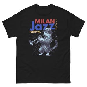 Milan Jazz Festival 1965 katten-T-shirt | Vintage Jazz Cat-T-shirt | Cool trompettistshirt | Cadeau retro jazzliefhebber | T-shirt in muziekfestivalstijl
