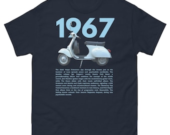 1967 Retro T Shirt | Vintage 60s Summer of Love Graphic Tee | Classic Scooter Rider Top | Nostalgic Birthday Gift for Men and Women