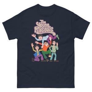 May include: Navy blue t-shirt with a graphic of The Young Rascals band. The design features the band's name in a retro font above cartoon figures. A classic crew neck tee.