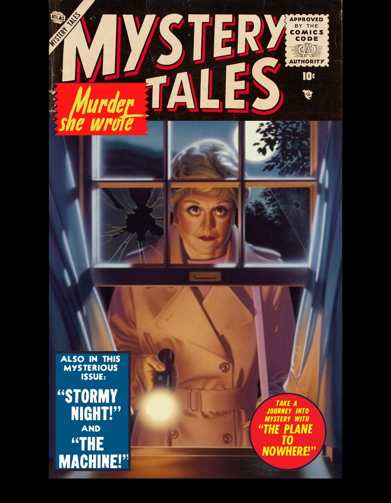 May include: Vintage comic book cover titled "Mystery Tales" featuring the text "Murder she wrote." The cover art depicts a woman holding a flashlight, looking through a window with a broken pane. Additional text includes "Stormy Night!" and "The Machine!"