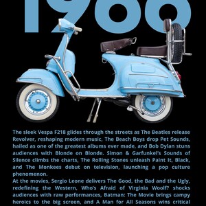 May include: A light blue scooter with white-walled tires and brown seats, featuring a rear-mounted spare tire. The text 1966 appears in large light blue font above the scooter, followed by a detailed paragraph summarizing cultural events of 1966.