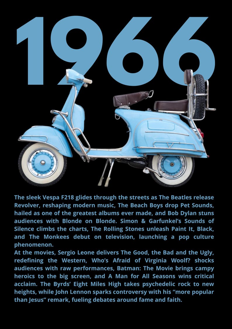 May include: A light blue scooter with white-walled tires and brown seats, featuring a rear-mounted spare tire. The text 1966 appears in large light blue font above the scooter, followed by a detailed paragraph summarizing cultural events of 1966.