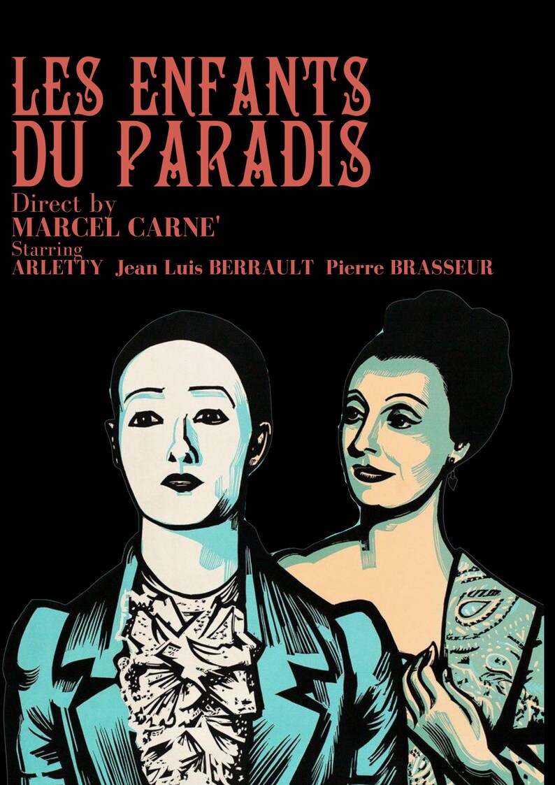 Może przedstawiać: Plakat filmu "Les Enfants du Paradis" z czerwonym tekstem i dwoma stylizowanymi portretami kobiet. Tytuł na g&oacute;rze, poniżej reżyser i aktorzy. Tło czarne.