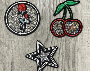 Rhinestone Iron-On Patch, Rose or Cherry Bling Appliqué for Clothing, Jackets, Jeans, Sold Separately