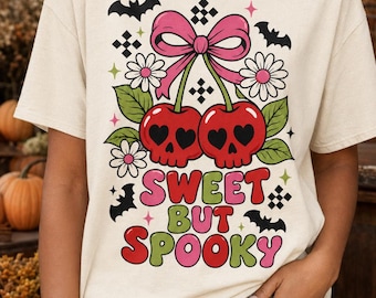 Sweet But Spooky Shirt, Skull Cherry Halloween Tee, Goth Coquette Pink Bow T-Shirt