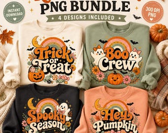 レトロなハロウィンPNGバンドル、不気味な季節の昇華プリント、ゴーストパンプキン秋のデザイン