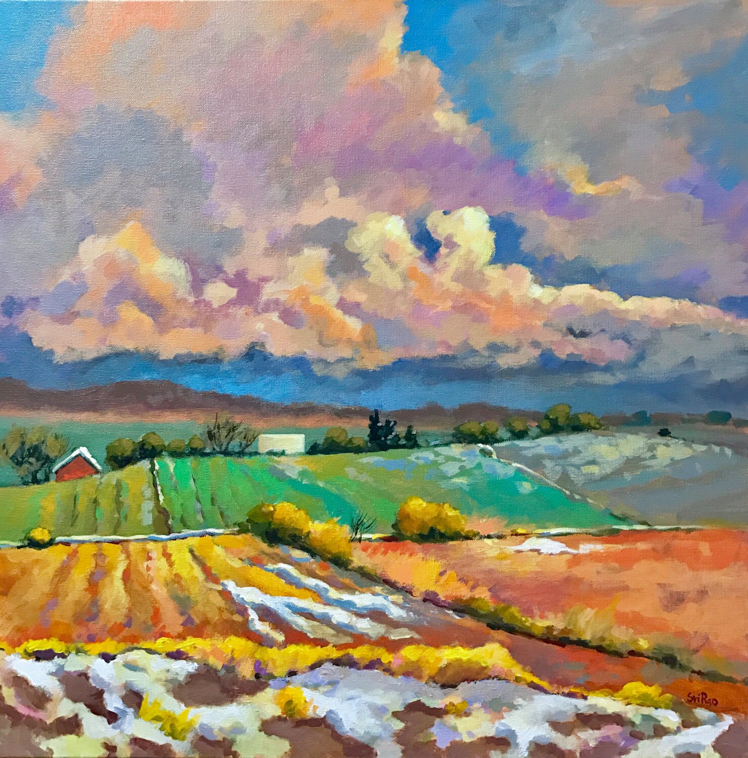Original Acrylic Landscape painting clouds over fields ...