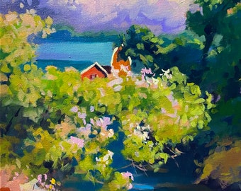 May include: A painting of a red house with a blue roof, partially hidden behind green trees and bushes. The house is situated on a hill overlooking a body of water. The sky is a vibrant purple and pink with fluffy white clouds.