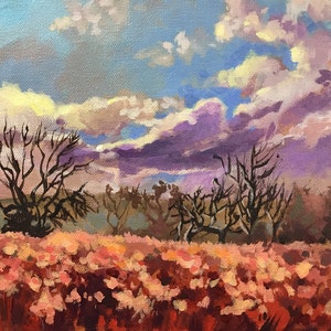 Original Acrylic Landscape painting on canvas wrapped iowa landscape art cloud winter 9 x 12 orange purple blue sunshine field impressionist