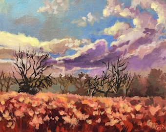 May include: A painting of a field of red flowers with bare trees in the background. The sky is a vibrant blue with purple and yellow clouds.