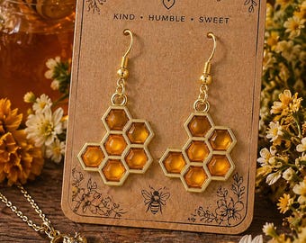 Honeycomb Bee Earrings | Gold Honey Earrings | Sweet as Honey Jewelry | Nature Inspired Dangle Earrings | Bee Lover Gift