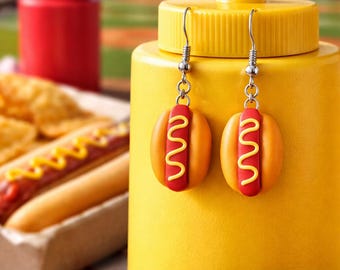 Hot Dog Earrings • Funny Food Earrings • Mustard Hotdog Dangles • Carnival Novelty Jewelry