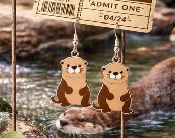 Enamel Otter Dangle Earrings • Woodland Animal Jewelry