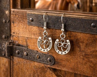 Horseshoe and Clover Earrings • Lucky Western Dangles • Silver Good Luck Earrings • Country Cowgirl Jewelry