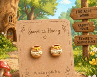 Honey Pot Stud Earrings | Sweet Hunny Earrings | Cute Bear Inspired Jewelry | Kawaii Honey Jar Studs | Whimsical Gift for Her