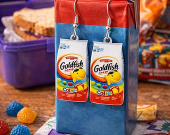 Goldfish Snack Bag Dangle Earrings • Novelty Food Jewelry