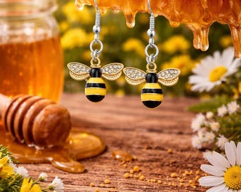 Sparkly Bumble Bee Dangle Earrings | Gold-Tone Enamel Rhinestone Jewelry