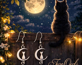 Cat on Crescent Moon Earrings • Witchy Celestial Jewelry • Silver Cat Dangles