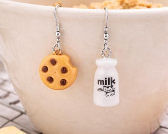 Milk and Cookies Mismatched Earrings, Foodie Enamel Jewelry, Playful Accessory