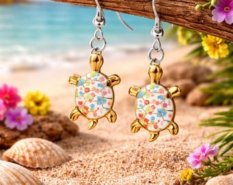 Floral Turtle Earrings • Colorful Turtle Dangles • Boho Beach Animal Jewelry
