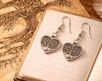 Tree of Life Heart Earrings • Nature Symbolism Jewelry • Rustic Silver Dangles