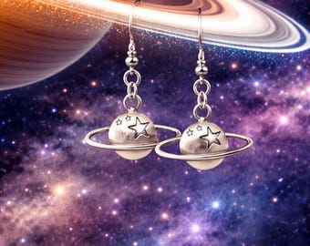 Saturn Planet Earrings • Celestial Space Jewelry • Cosmic Star Dangles
