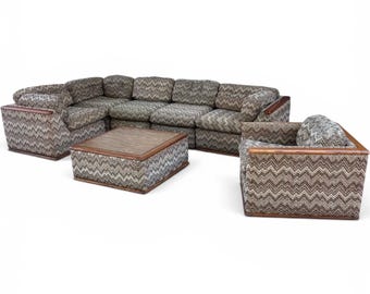 Vintage Chevron Modular Conversation Sectional Sofa Couch & Chair Mid Century Modern