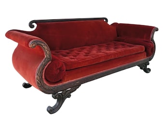Vintage Red Victorian Velvet Carved Wood Sofa Couch