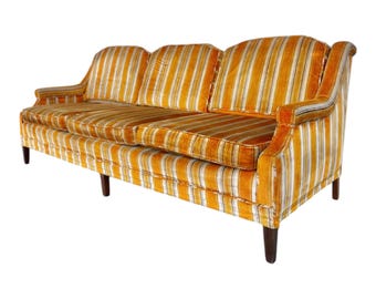 Vintage Velvet Orange Striped Sofa Couch Mid Century Modern
