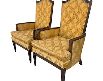 Vintage Pair of Gold Tapestry Quilted Upholstered Chairs Mid Century Modern