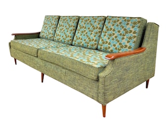 Vintage Floral Upholstered Reversible Sofa Couch Mid Century Modern